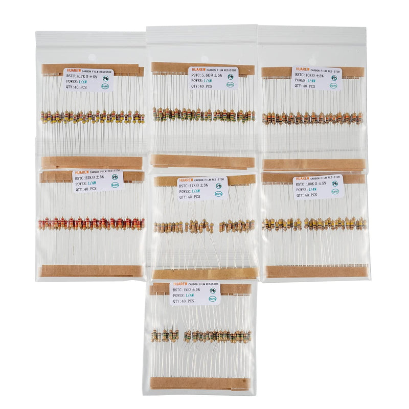 HUAREW 25 Values Single Resistor Kit with 1000 Pcs 1 Ohm-1M Ohm 1/4 W 5% Carbon Film Resistors Assortment Kit for DIY Projects and Experiments