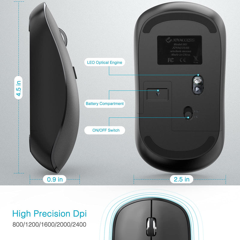 Wireless Mouse for Laptop, JOYACCESS 2.4G Ultra Thin Silent Mouse, with USB Nano 2400 DPI Portable Mobile Optical Cordless Mouse Mice for Laptop, PC, Computer, Mac - Black