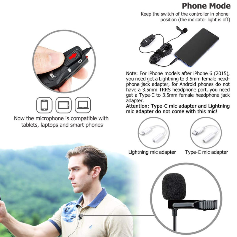 KIWIFOTOS Lavalier Microphone, Professional Clip-on Lapel Mic Omnidirectional Condenser with 7M Cord for Camera/Smartphone for Recording Interview Video Vlog Conference Podcast Voice Dictation Single-Head Mic
