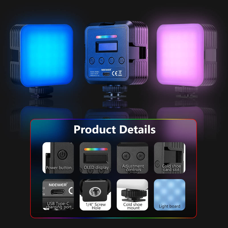 [AUSTRALIA] - Neewer Magnetic RGB Video Light, 360° Full Color RGB61 LED Camera Light with 3 Cold Shoe Mounts/CRI 97+/20 Scene Modes/2500K-8500K/2000mAh Rechargeable Portable Photography Lighting 