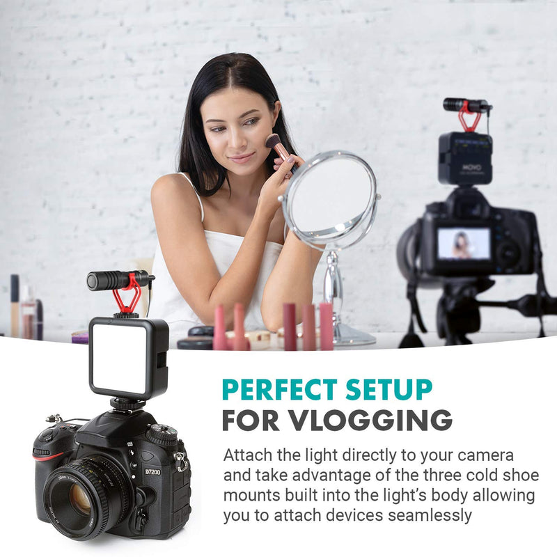 Movo LED XS Portable Rechargeable LED Video Light with Soft Light Diffuser, and Shoe Mount - Compatible with DSLR Camera or Go Pro Rig - Small LED Light for Vlogging, Webcam, Streaming, Photography