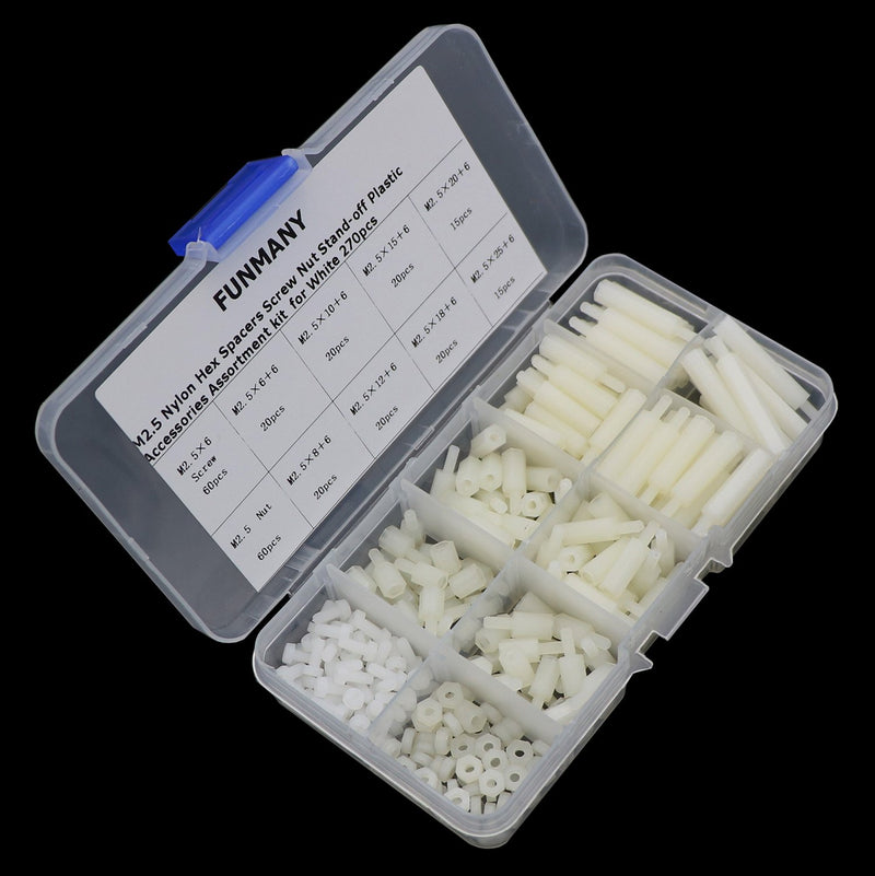 270 Pcs M2.5 Nylon Hex Spacer Standoffs Screws Nuts Assortment Kit,Male Female White