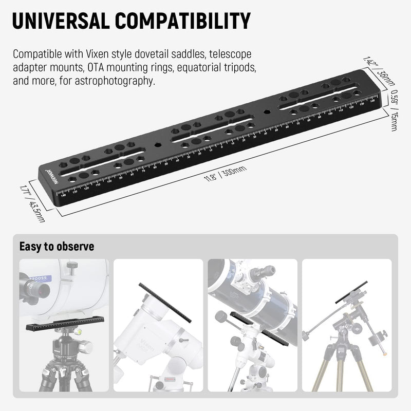 NEEWER 11.8"/300mm Rail Bar Vixen Style Dovetail Plate, Metal Mounting Plate Saddle with M6 1/4" 3/8" Camera Screw for Telescope Mount Adapter OTA Equatorial Tripod Sky Astrophotography, QR007