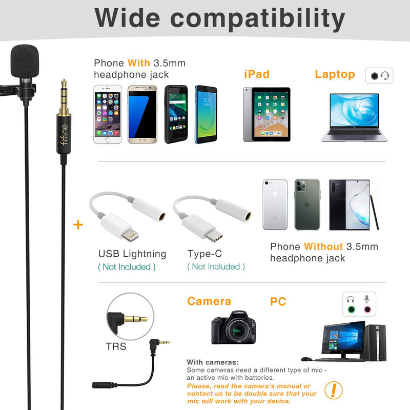 [AUSTRALIA] - FIFINE Lavalier Lapel Microphone for iPhone Smartphone PC Computer, Mini Clip-on 3.5mm Condenser Mic Kit for Recording YouTube Video Vlog Podcast ASMR Zoom, 79 Inch Extension Cord, Omnidirectional-C2A 
