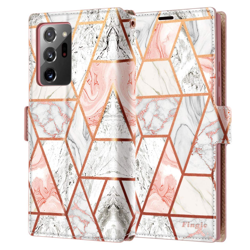 Samsung Note 20 Ultra Case, Note 20 Ultra Wallet Case, Fingic Rose Gold Marble PU Leather Wallet Case 2 ID & Credit Cards Slots Holder Side Pocket Kickstand Feature Flip Case Cover for Note 20 Ultra