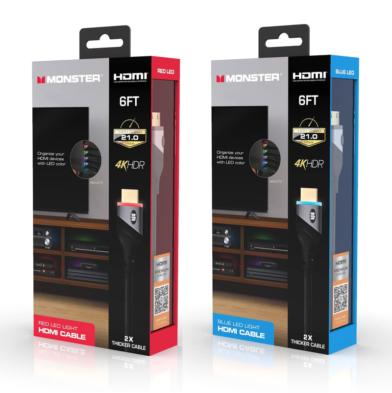 [AUSTRALIA] - Monster 6ft High Speed 4K HDR Hdmi Cables with Built-in Led Light, Blue and Red Lighted Cables 2 -Pack 
