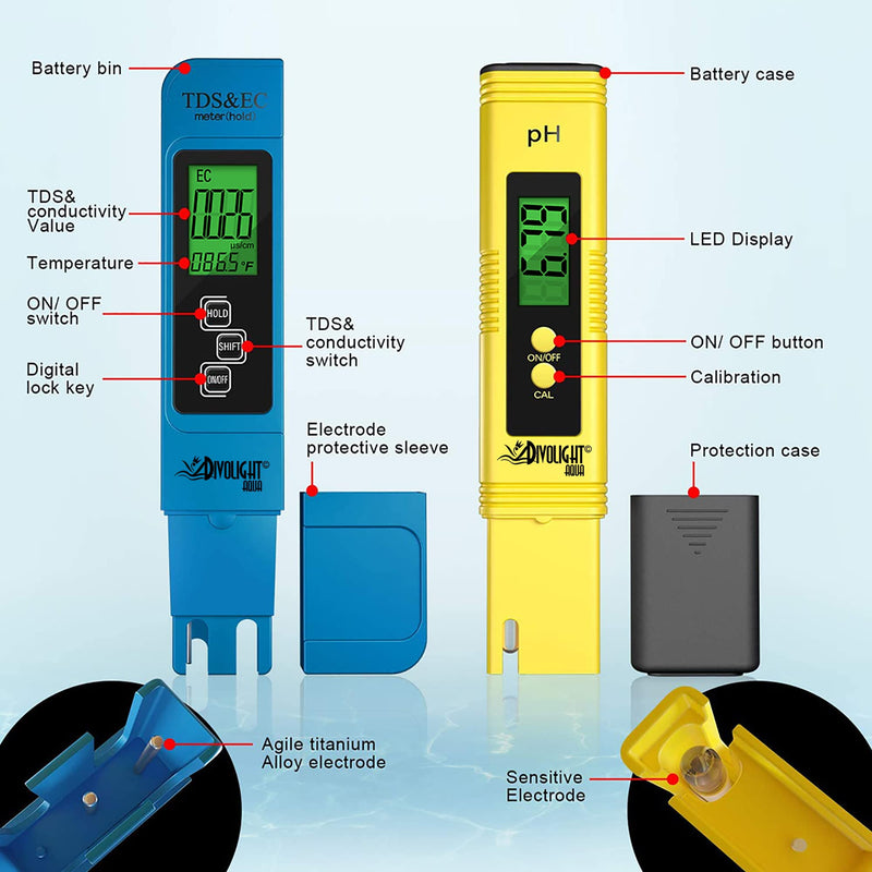 Divolight [pH and TDS & EC Tester kit] pH Meter Digital Accuracy 0.01 Lab Pen Type and 3-in-1 TDS and EC Meter, PPM and µS Meter for Water, Practical Water Testing Kit pH and TDS EC Meter Combo pH and TDS & EC Tester kit