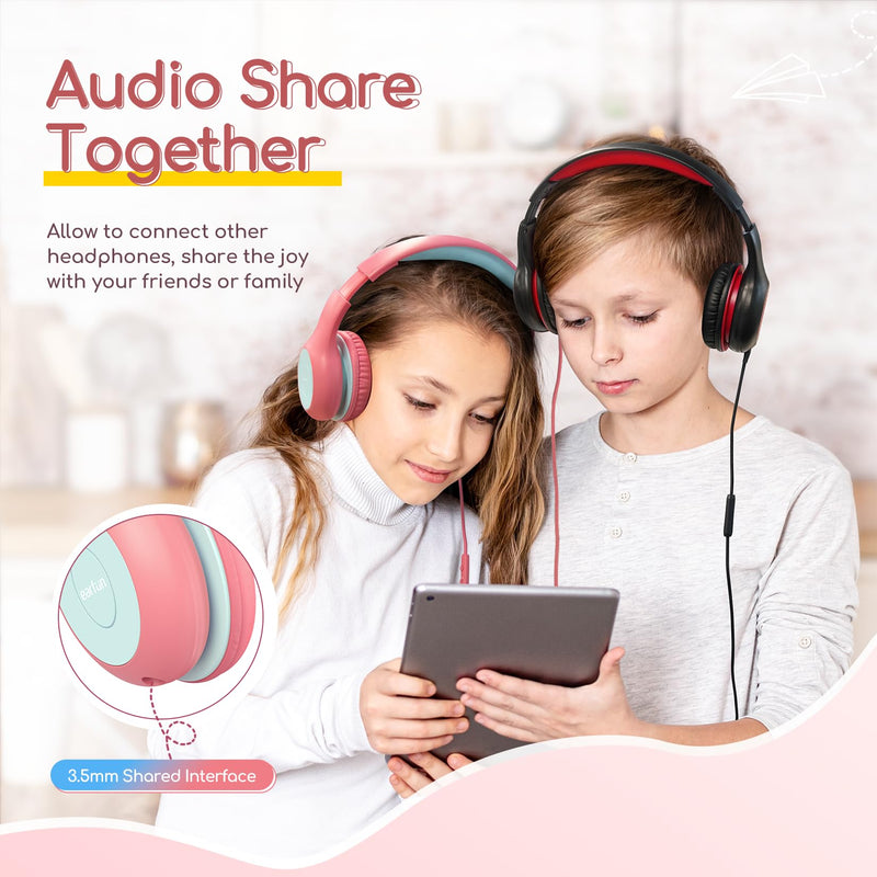EarFun Kids Headphones Wired with Microphone, 85/94dB Volume Limit Headphones for Kids, Portable Wired Headphones with Shareport, Stereo Sound Foldable Headset for School/Tablet/iPad/Kindle Pink Pink Blue