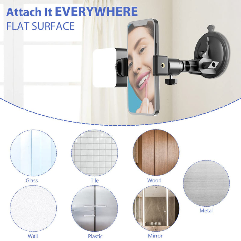 LenTok Suction Cup Mirror Phone Holder with Light, Travel Wall Phone Camera Mount for Makeup Content Creator Essentials, Mirror Tripod for Bathroom Kitchen Compatile with All Smooth Surface
