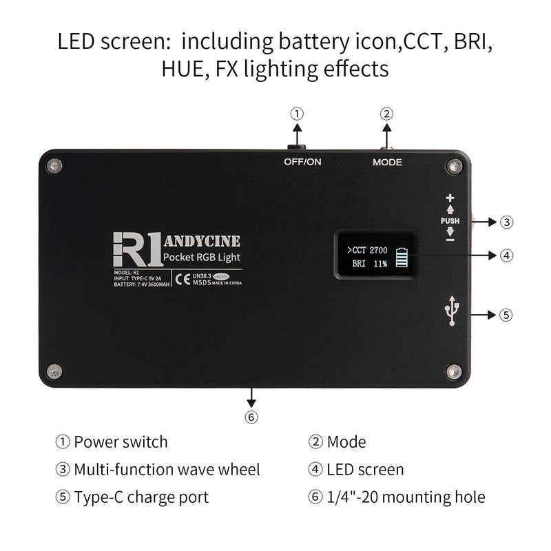 ANDYCINE R1 RGB Pocket Light, On-Camera Vlogger Video Light Mini USB-C 10W 2500-7000K Dimmable with 3600mAh Built in Battery for Sony, Nikon, Canon, Panasonic, Fuji, Filming,Gimbals