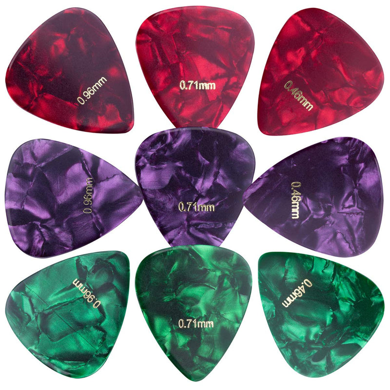 kwmobile Set of 9 Guitar Picks - Includes Thin, Medium, Heavy Gauges for Acoustic, Electric or Bass Guitar, Ukulele - Dark Red/Dark Green/Purple Dark red + Dark green + Violet