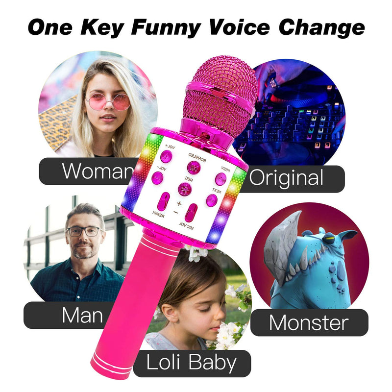 [AUSTRALIA] - 4 in 1 Wireless Bluetooth Karaoke Microphone with LED Lights,Handheld Portable Microphone for Kids, Home KTV Player with Record Function, Compatible with Android & iOS Devices (Pink) Pink 