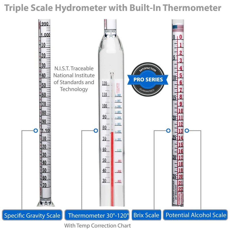Thermo-Hydrometer ABV Tester Triple Scale for Beer/Wine - Pro Series American-Made Specific Gravity Hydrometer with Thermometer Temperature Correction, N.I.S.T Traceable (KIT)