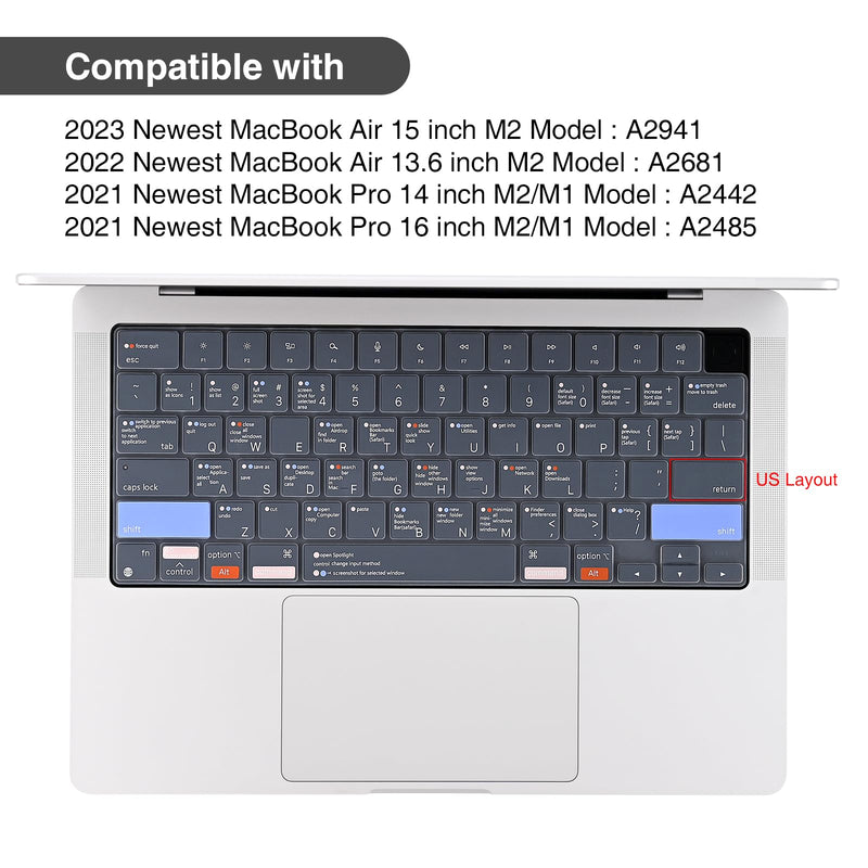EooCoo Keyboard Cover Skin with MAC OS Shortcut Hot Keys for 2023 MacBook Air 15" M2 (A2941), 2022 MacBook Air 13.6" M2 (A2681), 2023-2021 MacBook Pro 14" 16" M2 M1 (A2779 A2442 A2780 A2485), Silicone for Air 15"/ Air 13.6" / Pro14" / Pro16"