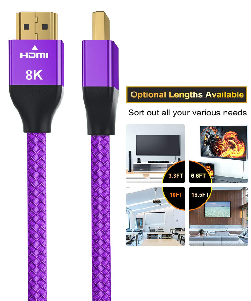 8K 60Hz HDMI Cable 3.3FT 2-Pack,Certified 48Gbps 7680P Ultra High Speed HDMI Cord for Apple TV,Roku,Samsung QLED,2.0 2.1,3 Playstation,PS5,Xbox One Series X,eARC 3ft HDR HDCP 2.2 2.3,4K 120Hz 144Hz Purple