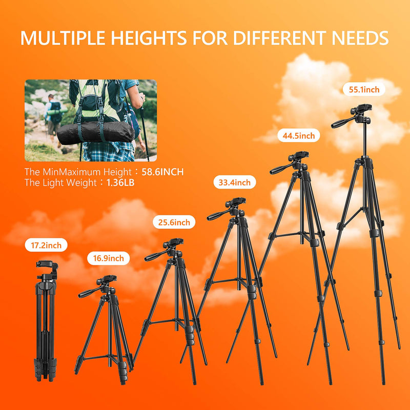 Tripod, 55-Inch Lightweight Tripod for iPhone, Aluminum Alloy 3-Way phone Tripod,1/4 Plate Tripod for Camera, iPhone, Android Phone, Carrying Bag with Bluetooth Remote Control for Traveling