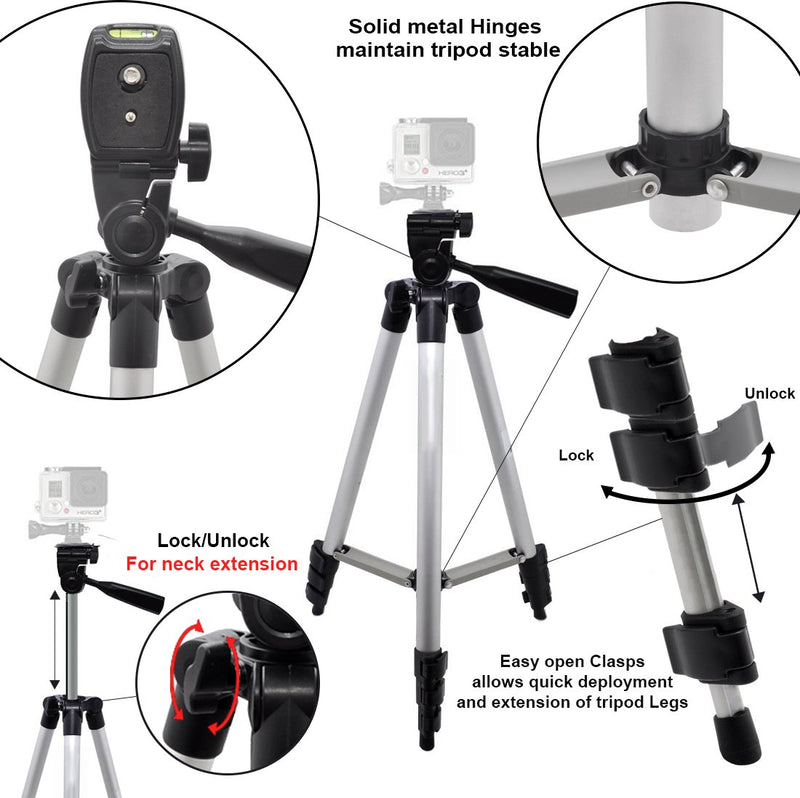 50" Aluminum Camera Tripod with Built in Bubble Level Indicator for All GoPro HERO Cameras + Tripod Mount & an eCostConnection Microfiber Cloth 50" Tripod for GoPro