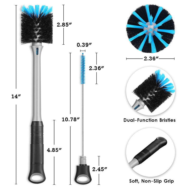 2-in-1 Bottle Brush with Straw Brush, Long Handle Water Bottle Scrubbing Brush, Built for Cleaning Sport Bottles, Baby Bottles, Water Bottles, Coffee Mugs, Tumblers, Wine Decanters, Flask, 1 Pack 1 Count (Pack of 1)