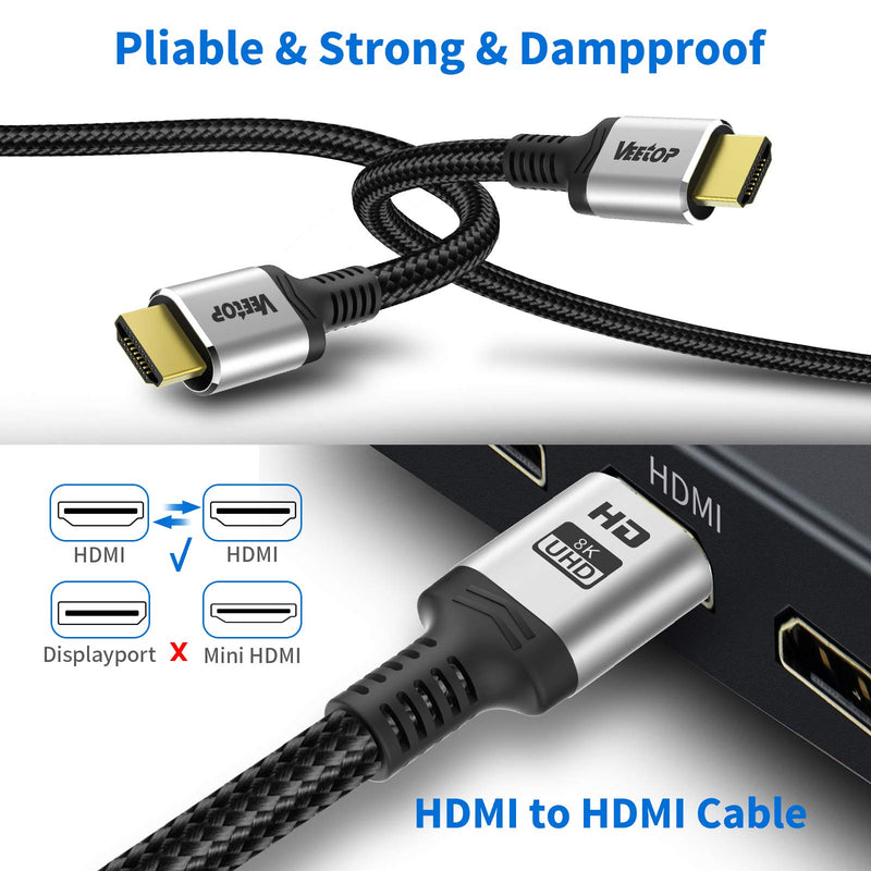 Veetop 8K HDMI Cable 6.6ft/2m Ultra High Speed HDMI 2.1 Cable 48Gbps 8K@60Hz Support Dynamic HDR, 3D, eARC, HDCP 2.2, Cotton Braided HDMI Cord for PS5/PS4/Xbox/Apple TV/Nintendo Switch/Projector
