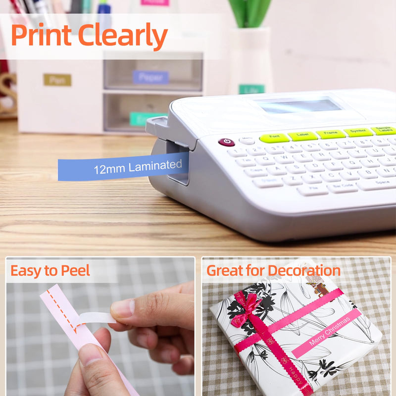 TZ 12mm 0.47 PT-D210 Color Tape Replacement for Brother P-Touch Label Maker Tape TZe White on Color Ribbon Compatible with Brother Ptouch PT-D200 D210 D220 PT-H100 H110 D400 Cube, 5 Pack Turquoise/Berry Pink/Blue/Green/Satin Gold