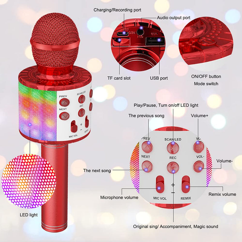 Karaoke Wireless Microphone, Ankuka 4 in 1 Handheld Bluetooth Microphones Speaker Karaoke Machine with Dancing LED Lights, Home KTV Player Compatible with Android & iOS Devices for Party/Kids Singing Red