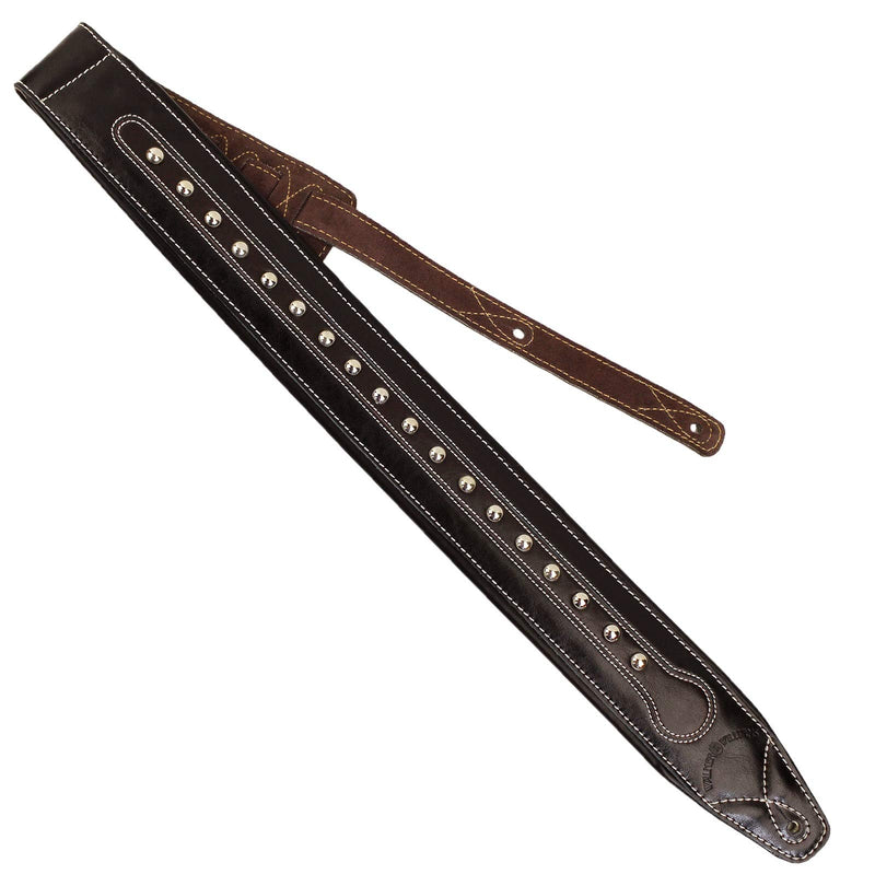 Walker & Williams C-35 CS Black and Brown Premium Top Grain Leather Padded Guitar Strap with Metal Studs