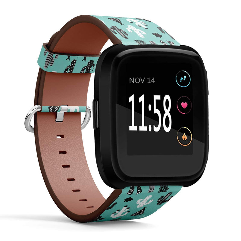 Compatible with Fitbit Versa/Versa 2 / Versa LITE - Leather Watch Wrist Band Strap Bracelet with Quick-Release Pins (Mint Cacti Indian)
