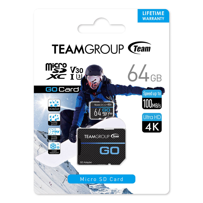 TEAMGROUP GO Card 64GB Micro SDXC UHS-I U3 V30 4K for GoPro & Drone & Action Cameras High Speed Flash Memory Card with Adapter for Outdoor, Sports, 4K Shooting, Nintendo-Switch TGUSDX64GU303 GO U3 V30