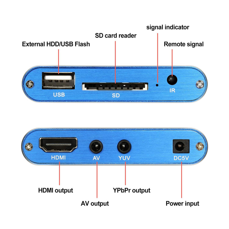 HDMI Media Player, Blue Mini 1080p Full-HD Ultra HDMI MP4 Player for -MKV/RM/ MP4 / AVI etc- HDD USB Flash Drive/HDD and SD Card