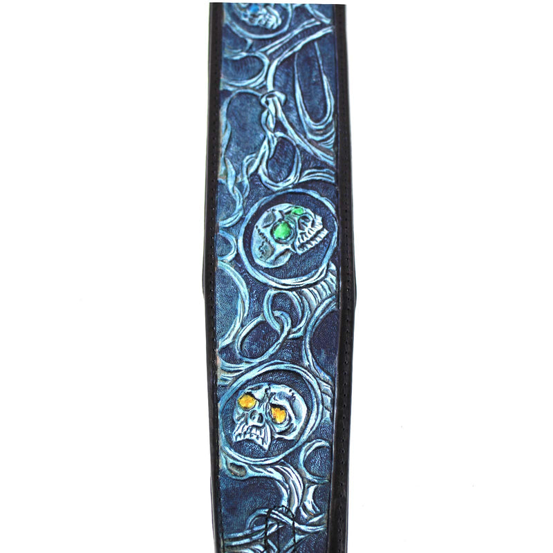 Walker & Williams KH-09-BLU Electric Blue Barbed Skulls In Carved Leather With Padded Back