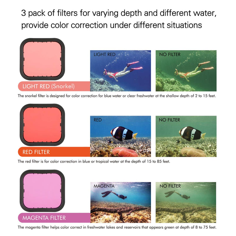 SOONSUN 3 Pack Dive Filter for GoPro Hero 5 6 7 Black Super Suit Dive Housing - Red,Light Red and Magenta Filter - Enhances Colors for Various Underwater Video and Photography Conditions
