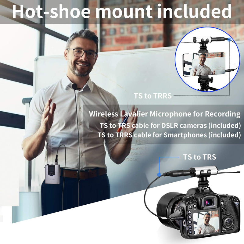 [AUSTRALIA] - Hotec Wireless System with Dual Headset Microphones/Lavalier Lapel Mics and Bodypack Transmitters and One Mini Rechargeable Receiver 1/4" Output, for Live Performances silver 