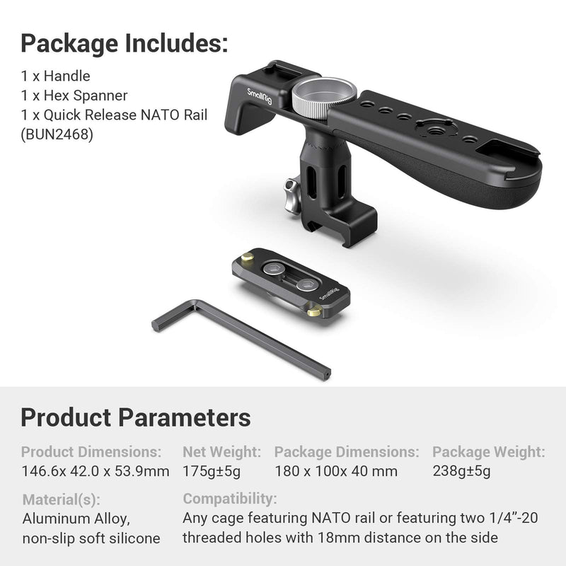 SMALLRIG Lightweight Top NATO Handle with Quick Release NATO Rail for Camera Cage - 2950