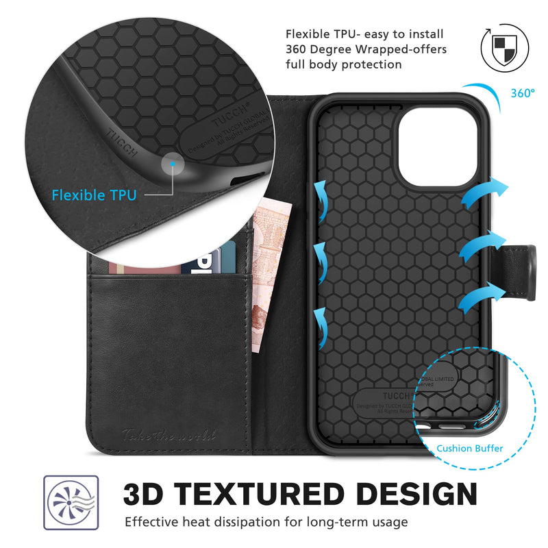TUCCH Case for iPhone 13 Mini Wallet Case, [TPU Shockproof Inner Shell] PU Leather [RFID Blocking] [Credit Card Holder] Magnetic Stand Flip Cover Compatible with iPhone 13 Mini 5.4-inch 2021, Black