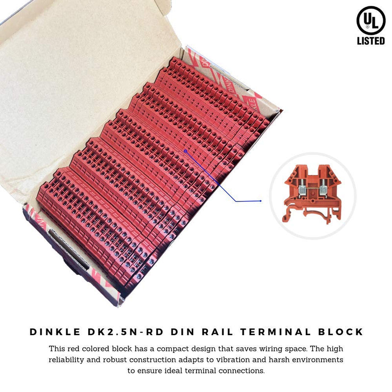 Dinkle Red DK2.5N-RD DIN Rail Terminal Block Screw Type UL 600V 20A 12-22AWG, Pack of 100