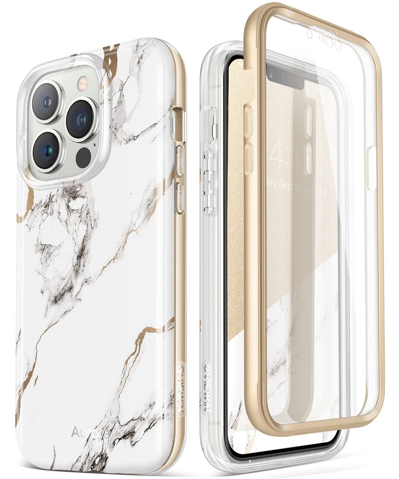 GVIEWIN Bundle - Compatible with iPhone 13 Pro [Built-in Screen Protector] Case + Case for AirPods Pro (White/Gold) (2 Items Bundle)