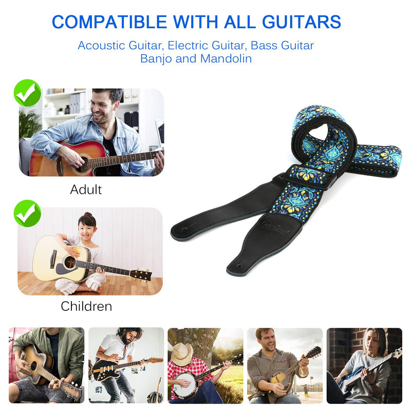 Guitar Strap Jacquard Weave Vintage Guitar Shoulder Strap with Durable Leather Ends for Bass, Electric & Acoustic Guitars (Blue-Yellow) Blue