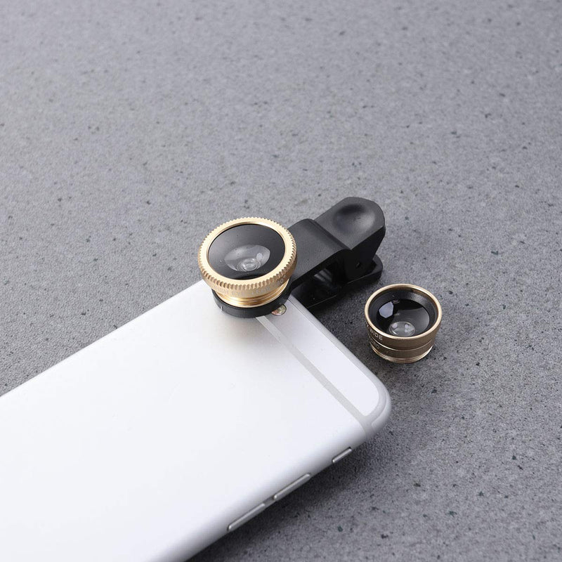 Hemobllo Portable Cell Phone Camera Lens Super Wide Angle Lens Macro Lens Fisheye Lens Clip on 3 in 1 Mobile Phone Lens Compatible for iPhone 6S/7/8/X (Golden) Golden