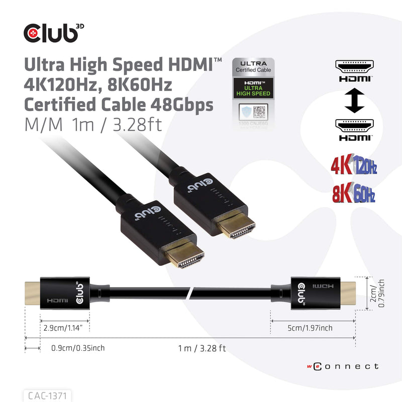 Club3D CAC-1371 Ultra High Speed HDMI Certified Cable 4K 120Hz 8K 60Hz 1Meter/3,28 Feet Black, Male-Male 1m/3.28ft