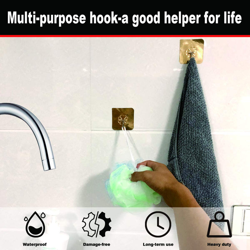 Golden Self Adhesive Hooks No Drilling Wall Hooks Bathroom Hooks Kitchen Hooks Waterproof and Oilproof -16 Pack