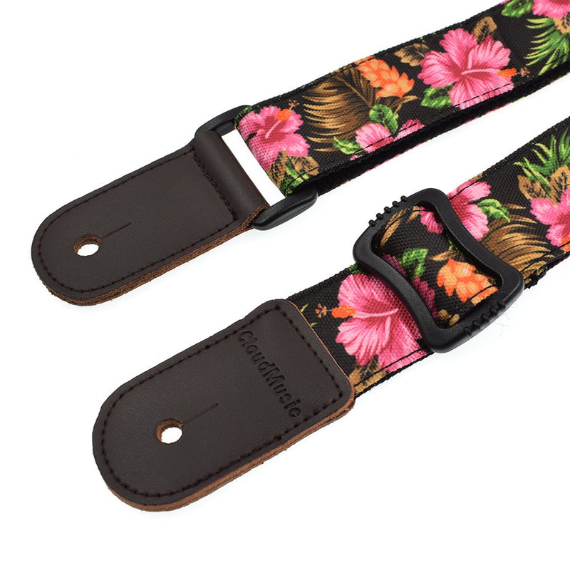 CLOUDMUSIC Ukulele Strap Hawaiian Hibiscus Roses Floral Strap For Soprano Concert Tenor Baritone (Hibiscus In Black) Hibiscus In Black