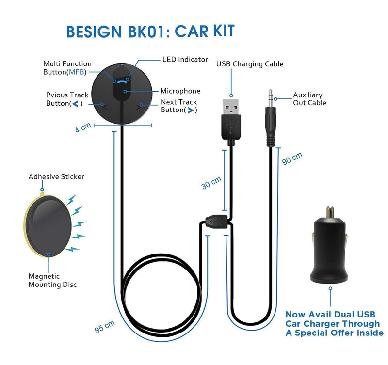 BESIGN BK01 Bluetooth Car Kit, Wireless Receiver for Handsfree Talking and Music Streaming with Ground Loop Noise Isolator for Car with 3.5mm Aux Port
