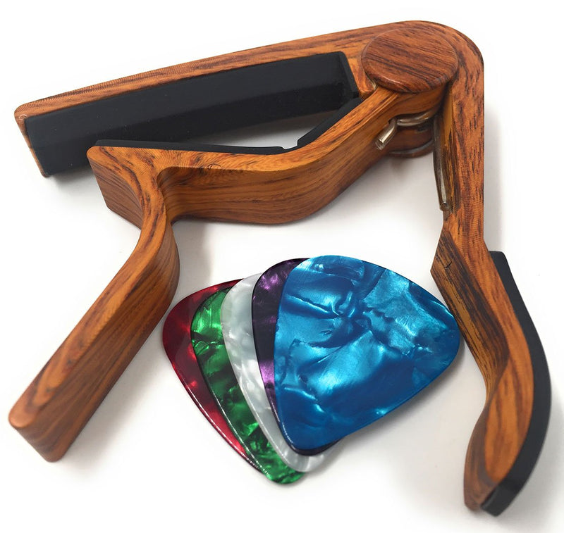 WINGO Guitar Capo for Acoustic and Electric Guitars - Rosewood with 5 Picks Rosewood Color