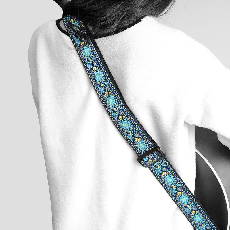 Guitar Strap, Vintage Embroidered Cotton Strap with Genuine Leather Ends for Acoustic and Electric Guitar, Bass Guitars Blue/Yellow