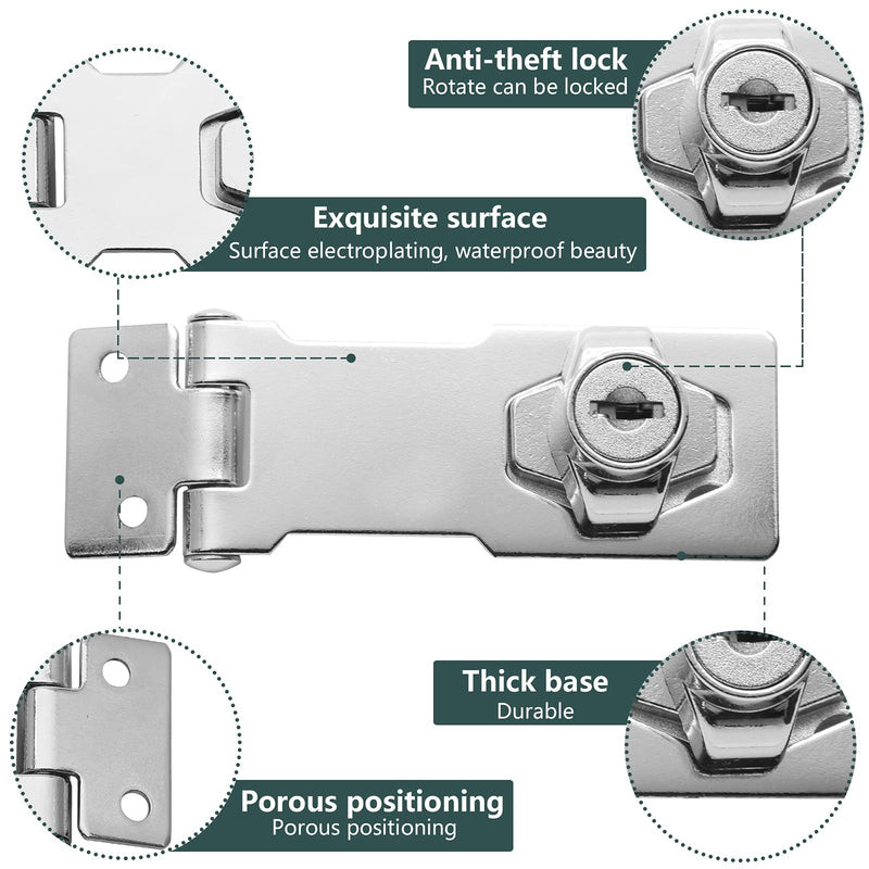 Augiimor 2PCS 3 Inch Keyed Hasp Locks, Keyed Alike Twist Knob Keyed Locking Hasp, Stainless Steel Catch Latch Safety Lock for Cabinets, Door