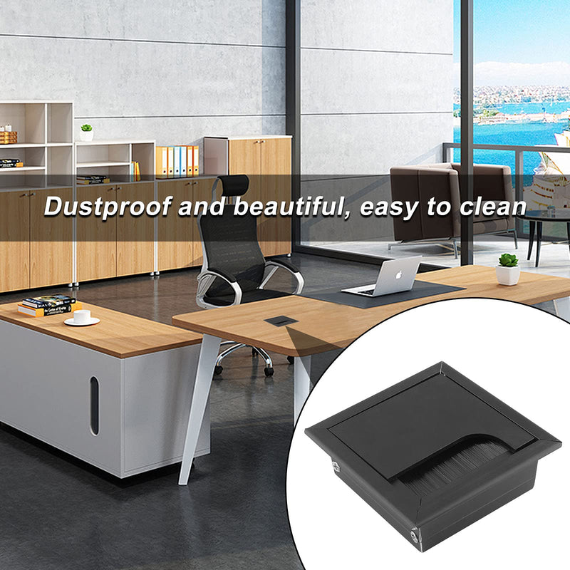 Bonsicoky 2Pcs Square Brush Desk Cord Grommet 3 Inch 80mm x 80mm Dust-Proof Metal Desk Cable Hole Cover for Computer Desk, Office Desk, Black
