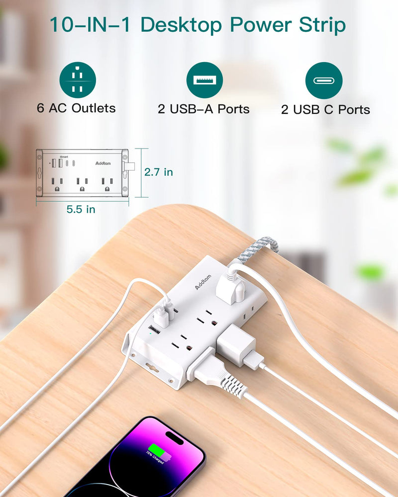 Flat Plug Power Strip, 5ft Ultra Flat Extension Cord - 6 Outlets 4 USB Ports (2 USB C) Desktop Charging Station, No Surge Protection for Cruise Ship, Home Office Dorm Travel Essentials