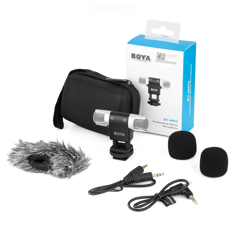 BOYA MM3 Compact Condenser Stereo Video Microphone Including Shock Mount, Foam & Deadcat Windscreens, Case Compatible with iPhone/Andoid Smartphones, Canon Nikon DSLR Cameras and Camcorders