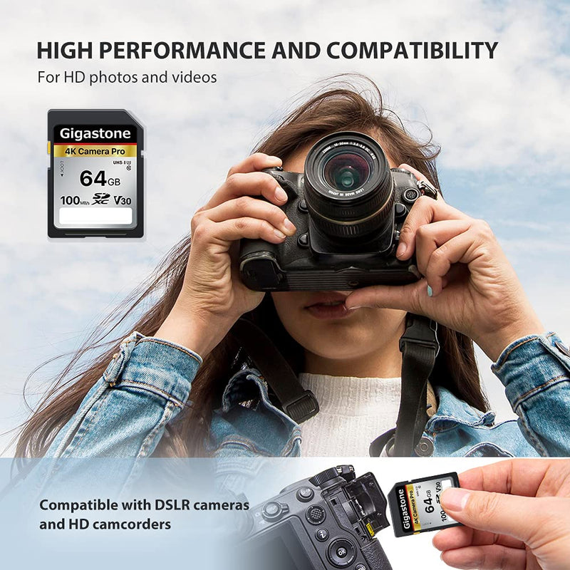 Gigastone 64GB 2-Pack SD Card V30 SDXC Memory Card High Speed 4K Ultra HD UHD Video Compatible with Canon Nikon Sony Pentax Kodak Olympus Panasonic Digital Camera SD 64GB V30 2PK