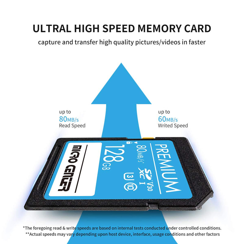 Premium 128GB SDXC Card by Micro Center, Class 10 SD Flash Memory Card UHS-I C10 U3 V30 4K UHD Video R/W Speed up to 80/60 MB/s for Cameras Computers Trail Cams (128GB)